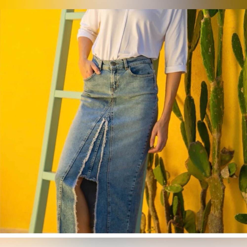 High-Rise Light Blue Denim Maxi Skirt with Front Slit